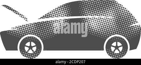 Car with hood open icons in halftone style. Automotive vehicle maintenance service. Black and white monochrome vector illustration. Stock Vector