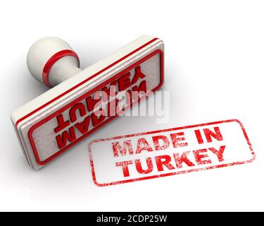 Made in Turkey. The stamp and an imprint. White rubber stamp and red imprint MADE IN TURKEY on white surface. 3D illustration Stock Photo