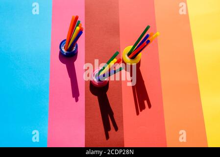 Plastic is a material for making recyclable colorful office supplies. Stock Photo