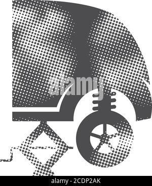 Jacked car icons in halftone style. Automotive vehicle maintenance service. Black and white monochrome vector illustration. Stock Vector