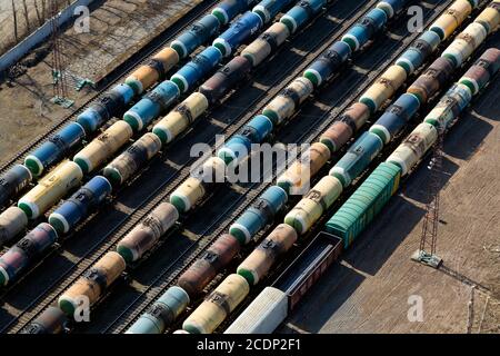 Aerial view of railway tank cars with oil in Moscow's station, Russia Stock Photo