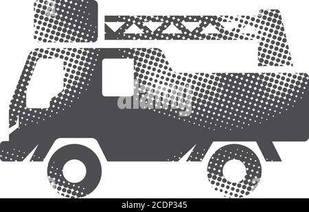 Fireman car truck icon in halftone style. Black and white monochrome vector illustration. Stock Vector