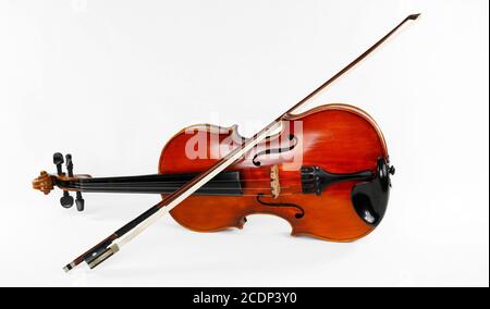 A violin with bow isolated on white background Stock Photo