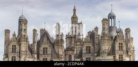 Rooftop view at the enormous impressive towers of chateau Chambord panorama Stock Photo