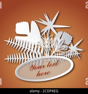 Bouquet of leaves in paper cut style. Banner with the inscription. Stock Vector