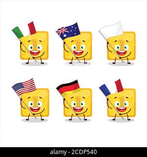 Gold first button cartoon character bring the flags of various countries Stock Vector