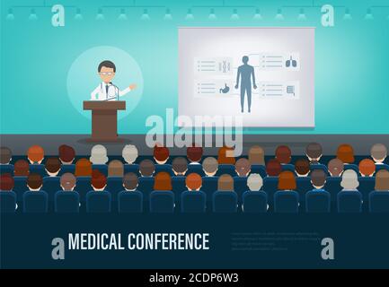 Medical conference banner with doctor speak on stage flat design vector illustration Stock Vector