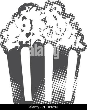 Popcorn icon in halftone style. Black and white monochrome vector illustration. Stock Vector