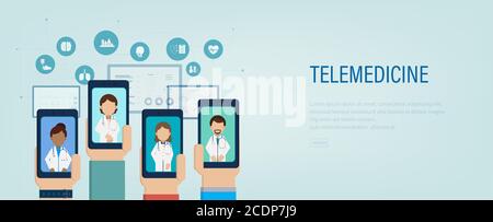 Online doctor banner with doctors on mobile phones flat design vector illustration Stock Vector