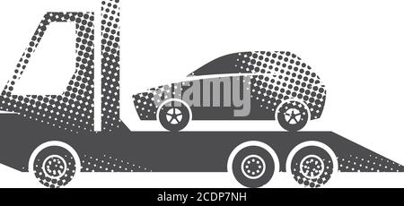 Car towing icons in halftone style. Automotive vehicle maintenance service. Black and white monochrome vector illustration. Stock Vector