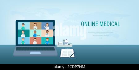 Online medical banner with doctor on computer notebook flat design vector illustration Stock Vector