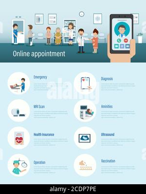 Online appointment infographic with doctor on mobile phone flat design vector illustration Stock Vector