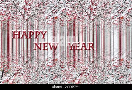 New year greeting card or banner with snow covered apple trees Stock Photo