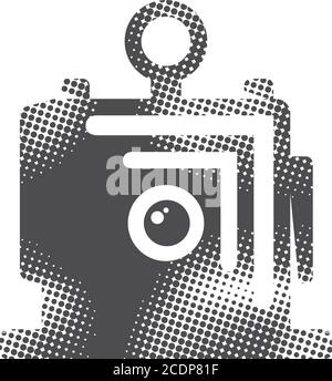 Large format camera icon in halftone style. Black and white monochrome vector illustration. Stock Vector