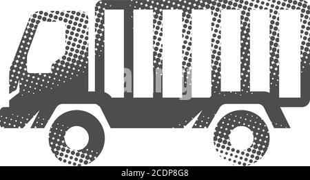 Fireman car truck icon in halftone style. Black and white monochrome vector illustration. Stock Vector