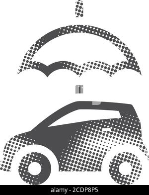 Car and umbrella icon in halftone style. Black and white monochrome vector illustration. Stock Vector