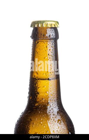 closeup of brown beer bottle with drops isolated on white background Stock Photo