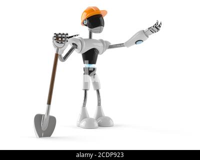 Cyborg with shovel isolated on white background Stock Photo