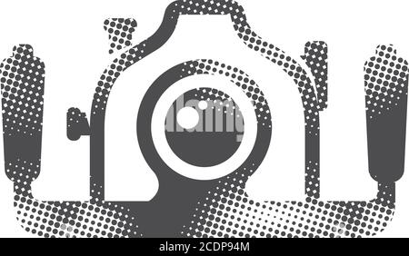 Underwater camera icon in halftone style. Black and white monochrome vector illustration. Stock Vector