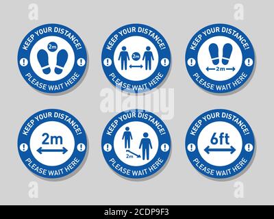 Attention, Keep social distance sign set. Stop Covid-19 spreading prevention information sign. Please wait. Social distancing wall warning signs Stock Vector