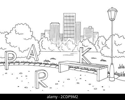 Park graphic black white bench lamp landscape sketch illustration vector Stock Vector