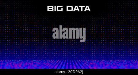 Big Data grid with Depth of Field Effect DoF. Vivid big data particles with bokeh effect and copy space. Linear perspective. Binary code structure Stock Vector
