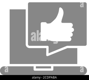 Laptop with thumb up in speech bubble gray icon. User feedback, message with like symbol Stock Vector