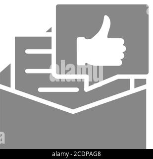 Recommendation letter gray icon. Letter with thumb up in speech bubble, praise, like symbol Stock Vector