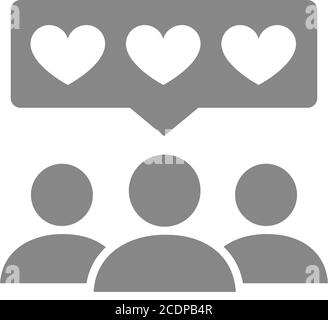 People with chat bubble and hearts grey icon. Client satisfaction, happy customers, positive feedback, love, like sign Stock Vector
