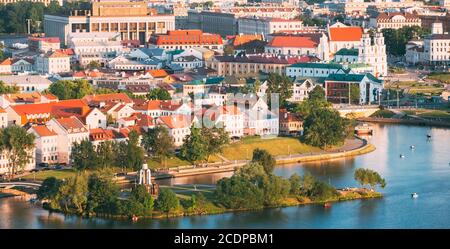 Minsk, Belarus. Elevated View Of Historical Center, Old Town. Minsk Skyline In Sunny Summer Evening. Nemiga District In Sunset Time. Aerial View Of Stock Photo