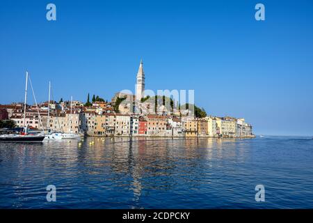 The beautiful old town of Rovinj in Croatia with the iconic church tower Stock Photo