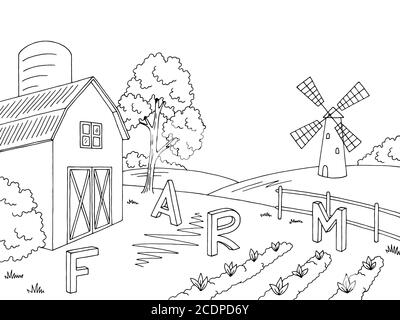 Farm field graphic black white landscape sketch illustration vector Stock Vector
