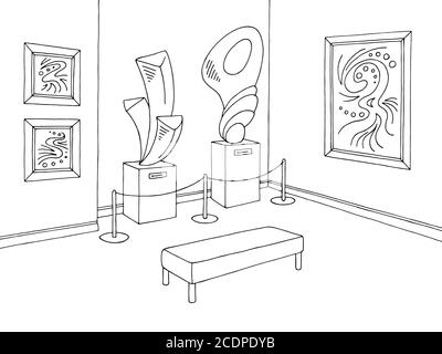 Museum graphic black white interior sketch illustration vector Stock Vector