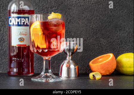 SUMY, UKRAINE - JUL 17, 2020: Americano cocktail made of sweet vermuth and Campari which is an Italian alcoholic liqueur, considered an aperitif, obta Stock Photo
