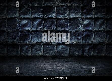 Industrial grunge background, dark room with walls of rusty metal plates and concrete floor Stock Photo