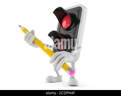 Red traffic light character holding pencil isolated on white background Stock Photo