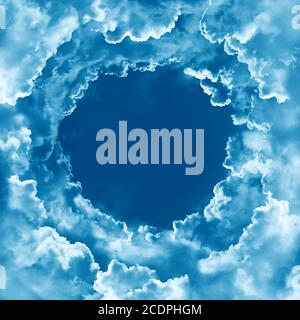 Sky with light clouds. Cloudy border, round frame, template. Religion concept heavenly sky background. Peaceful nature background. Sunny day, divine s Stock Photo