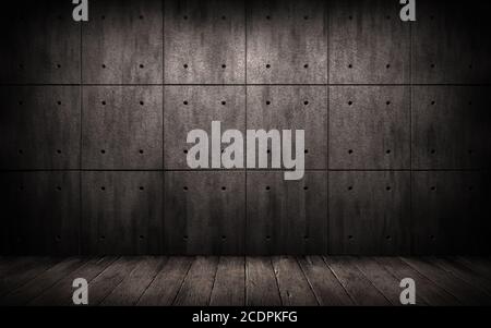 a dark room with walls of concrete slabs and wooden floor Stock Photo