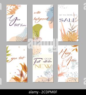Bundle of editable insta story templates with copy space for text.Modern layouts with organic shapes, flowers, leaves.Trendy design for social media m Stock Vector
