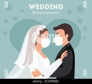 Wedding quarantine. Groom and bride wearing protective face mask on wedding day vector illustration. wedding Couple Wearing Mask During coronavirus Stock Vector