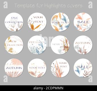 Set of vector highlight covers. Abstract backgrounds. Various shapes, lines, spots, dots, flowers, leafs. Hand drawn templates. Round icons for social Stock Vector