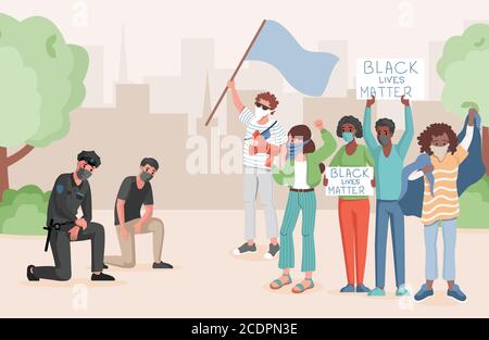 Police officers taking a knee in front of protesting people in city park vector flat illustration. People meeting, holding flags, and banners with Black lives matter words. Stop racism concept. Stock Vector