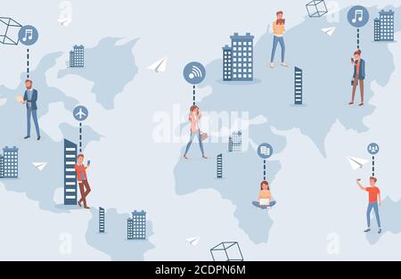 People in the city using wireless internet technology in smartphones vector flat illustration. People with phones, laptops, notebooks listen to music, sharing documents via high speed communication. Stock Vector
