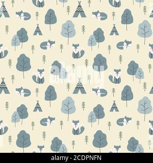 Arctic fox and trees colorful seamless pattern. Vector design for fabric and paper, winter foxes and forrest texture. Stock Vector