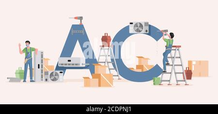 Air conditioner installation vector flat banner template. Young specialists work with equipment to repair or install air conditioners. Maintenance service, cooling system concept. Stock Vector