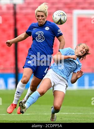 Chelsea's Millie Bright (left) and Manchester City's Georgia Stanway battle for the ball during the English FA Women's Community Shield soccer match between Chelsea and Manchester City at Wembley stadium in London, Saturday, Aug. 29, 2020. (Justin Tallis/Pool via AP) during the Women's Community Shield at Wembley Stadium, London. Stock Photo