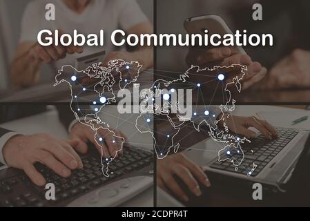 Global communication concept illustrated by pictures on background Stock Photo