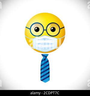 Businessman with medical mask emoji icon. Happy world day creative congrats. Isolated abstract graphic design template. Smile sign Cute  yellow symbol Stock Vector