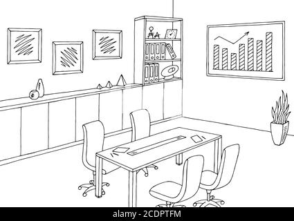 Office meeting room graphic black white interior sketch illustration vector Stock Vector