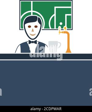 Sport Bar Stand With Barman Behind It And Football Translation On Tv Icon. Flat Color Design. Vector Illustration. Stock Vector